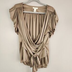 Vertigo Paris XL faux Wrap Top blouse brown tie detail short sleeve